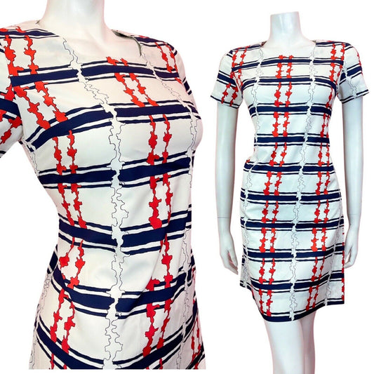 VINTAGE 60s 70s WHITE RED BLUE STRIPED MOD SCOOTER SHIFT MINI DRESS 8 10