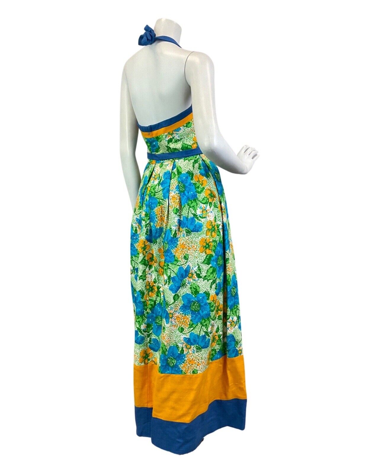 VTG 60s 70s GREEN BLUE YELLOW PSYCHEDELIC FLORAL SUMMER HALTER MAXI DRESS 6 8