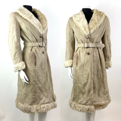 VINTAGE 60s 70s CREAM SUEDE LEATHER SHEARLING BELTED BOHO PRINCESS COAT 10 12