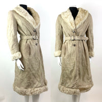 VINTAGE 60s 70s CREAM SUEDE LEATHER SHEARLING BELTED BOHO PRINCESS COAT 10 12