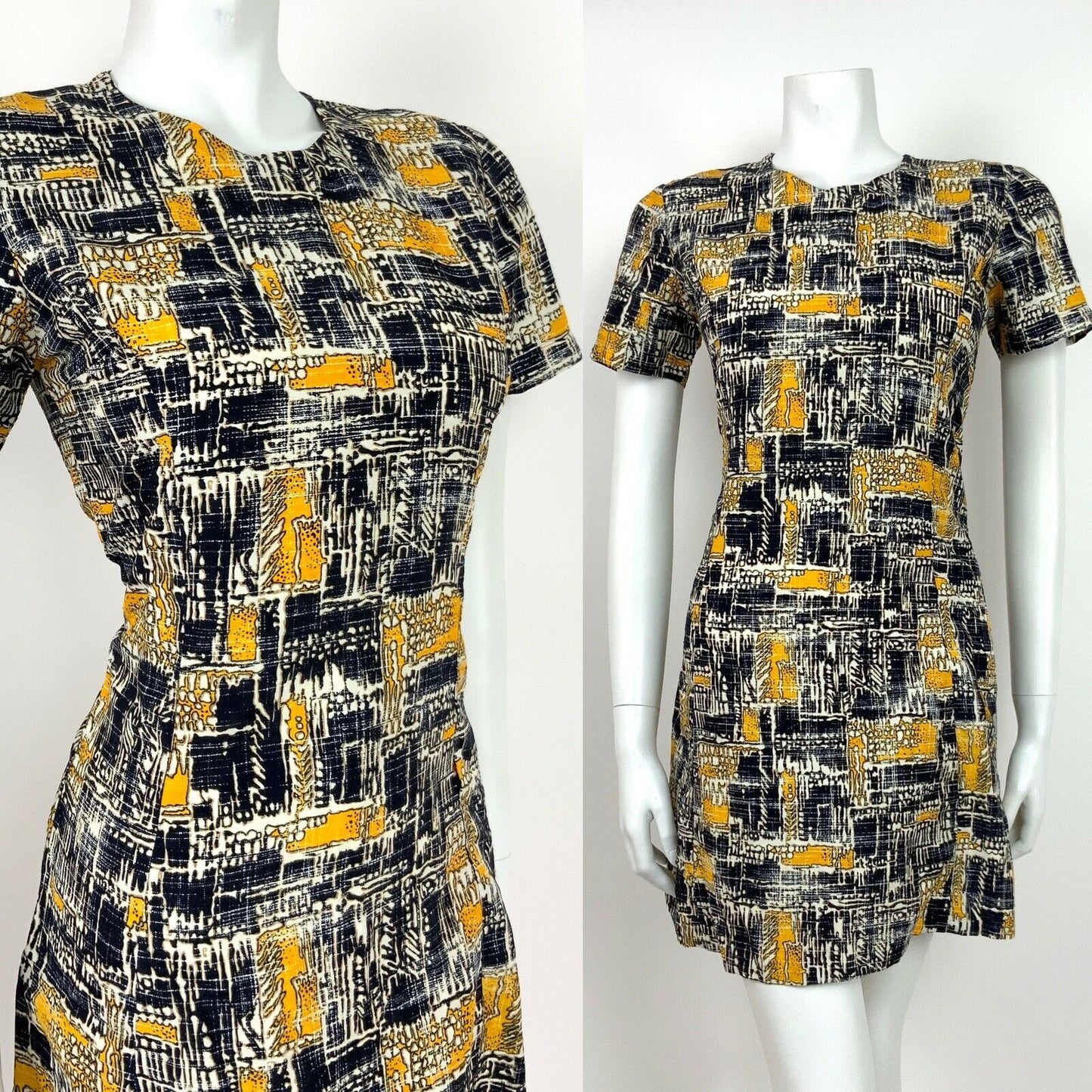 VINTAGE 60s 70s NAVY BLUE YELLOW WHITE GEOMETRIC ABSTRACT SUMMER SHIFT DRESS 8