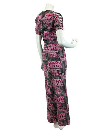 VINTAGE 60s 70s BLACK PINK SILVER ABSTRACT PRINT DISCO PARTY MAXI DRESS 14 16