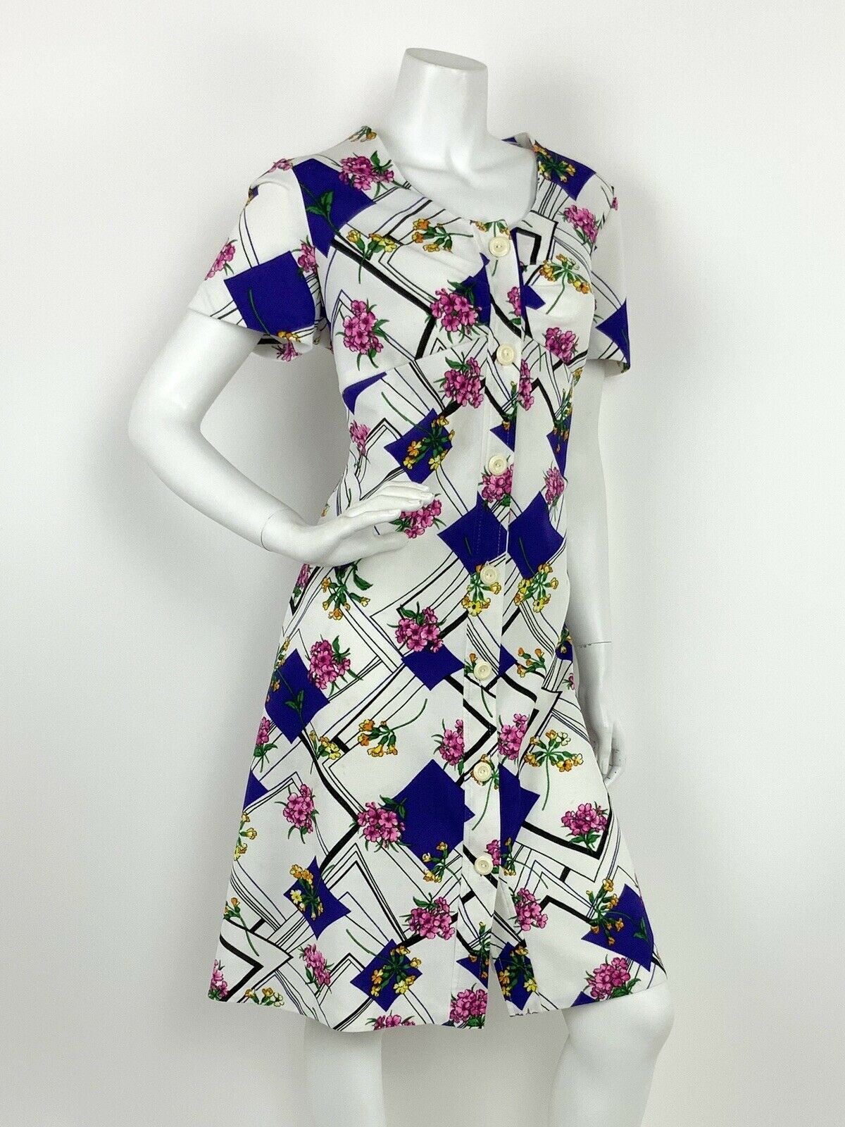 VINTAGE 60s 70s WHITE BLACK PURPLE PINK STRIPED GEOMETRIC FLORAL DRESS 16 18