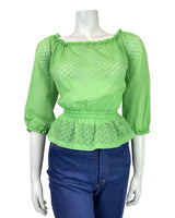 VINTAGE 70s APPLE GREEN DIAMOND RUFFLED SHEER BOHO PRAIRIE BLOUSE 10 12