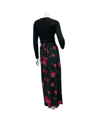 VINTAGE 60s 70s BLACK RED GREEN PURPLE FLORAL PRINT MAXI DRESS 10