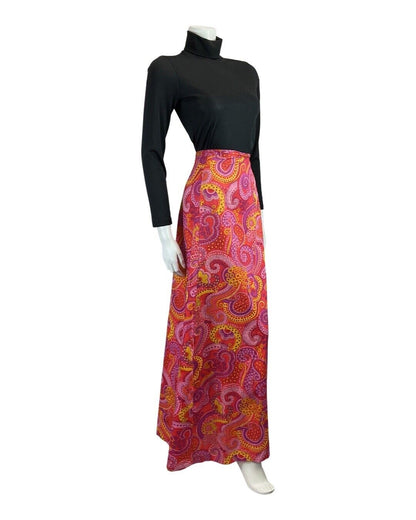 VINTAGE 60s 70s PINK YELLOW PSYCHEDELIC DAISY PAISLEY DOTTY MAXI SKIRT 8