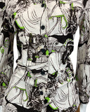 VTG 60s 70s CREAM DARK BROWN NEON GREEN WOLF MAN ABSTRACT PRINT MOD SHIRT 10 12