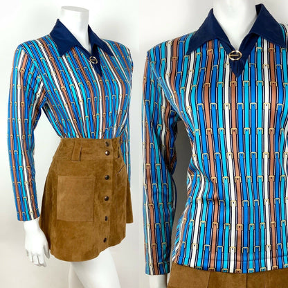 VTG 60s 70s BLUE BRONZE WHITE STRIPED EQUESTRIAN BELT DAGGER SHIRT BLOUSE 10 12