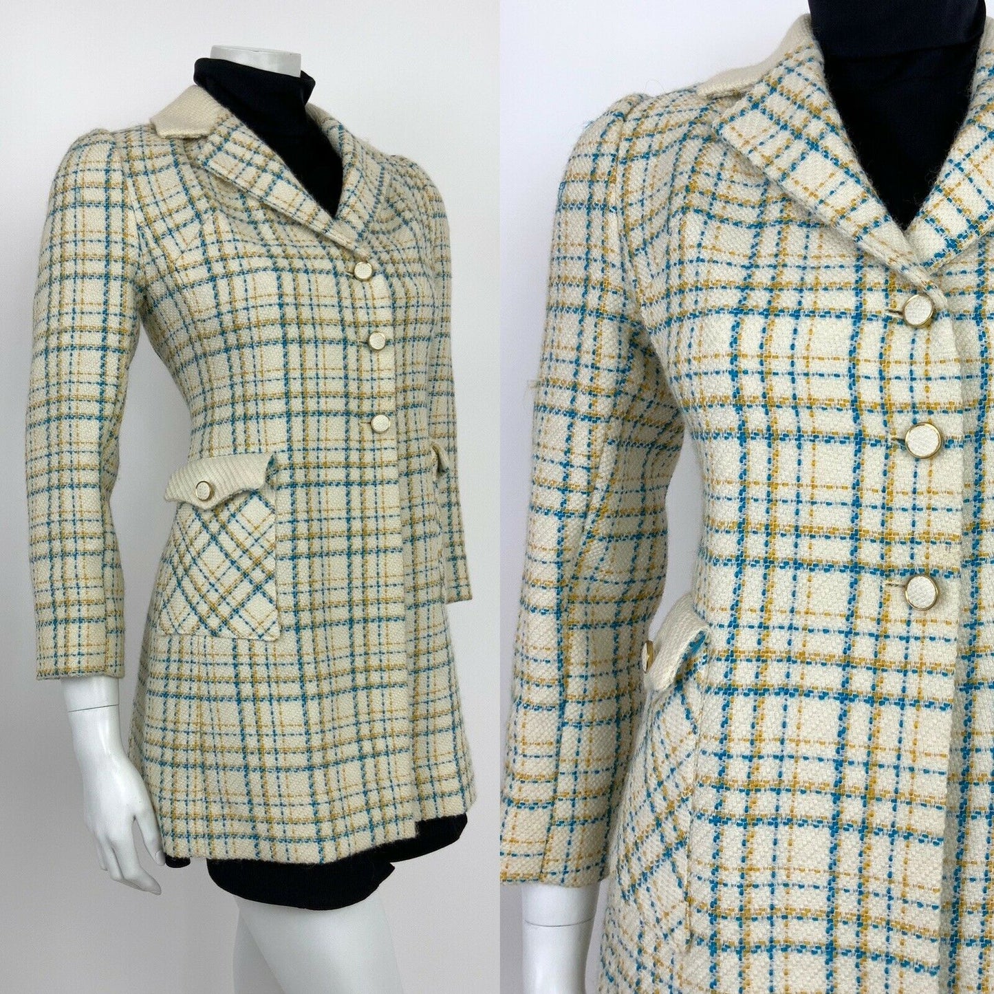 VTG 60s 70s MOD CREAM BLUE YELLOW GOLD PLAID CHECKED WOOL JACKET COAT 10