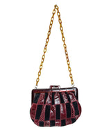 VINTAGE 60s 70s BLACK BURGUNDY SNAKESKIN SUEDE PVC CHAIN MOD CLASP SHOULDER BAG