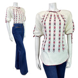 VINTAGE 70s WHITE WINE RED CROSS-STITCH EMBROIDERED BOHO FOLK BLOUSE 10 12