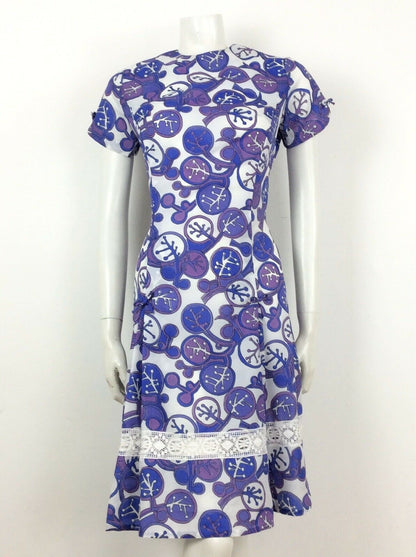 AMAZING VINTAGE 60s 70s ABSTRACT FLORAL DRESS PURPLE BLUE WHITE 10 12