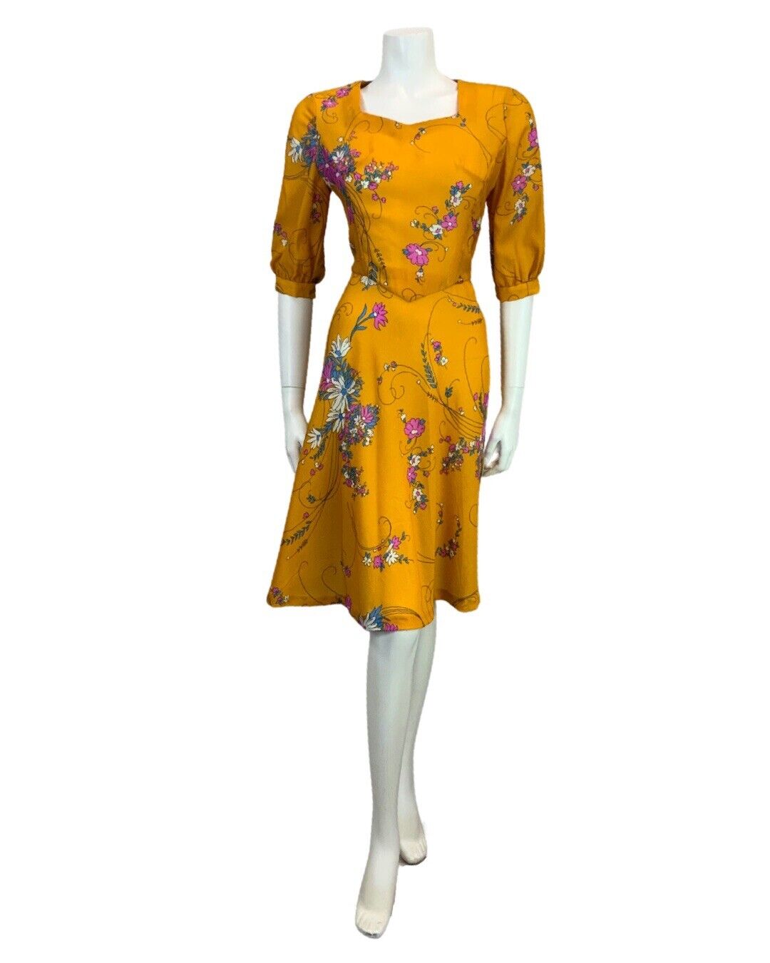 VINTAGE 60s 70s ORANGE MUSTARD YELLOW PINK BLUE FLORAL PRINT MIDI DRESS 10 12