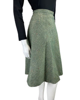 VINTAGE 60s 70s GREEN TWEED BOUCLE WOOL SWING MIDI SKIRT 8