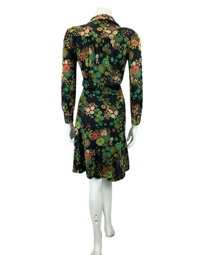 VINTAGE 60s 70s BLACK GREEN ORANGE FLORAL ABSTRACT PRINT MOD MIDI DRESS 14