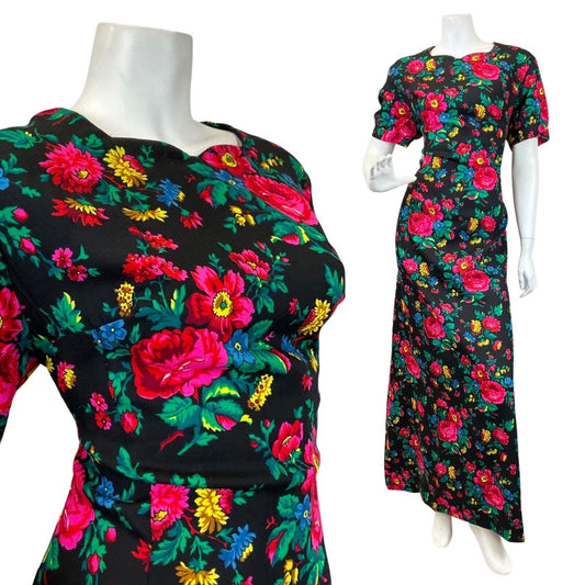 VNITAGE 60s 70s BLACK RED GREEN FLORAL ROSE SWEETHEART MOD MAXI DRESS 14 16