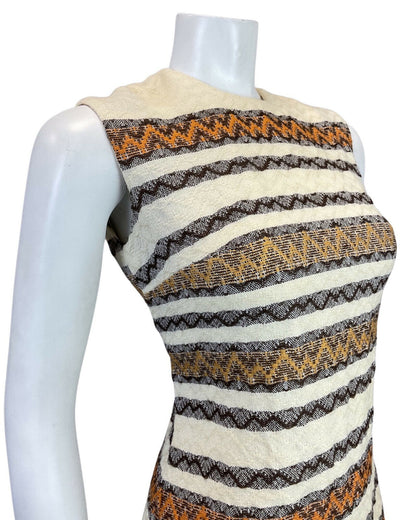 VTG 60s 70s CREAM BROWN ORANGE STRIPED KNITTED WOOL MOD MINI SHIFT DRESS 8 10