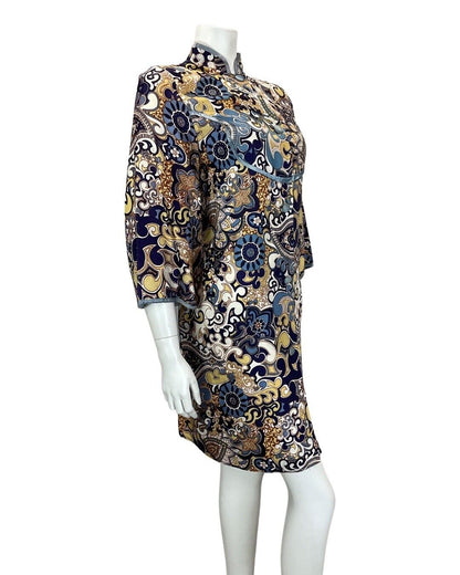 VINTAGE 60s 70s BLUE CREAM PSYCHEDELIC MANDALA MANDARIN HOUSE COAT DRESS 14