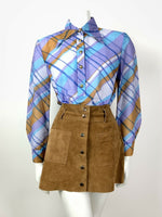 VTG 60s 70s PURPLE BLUE BRONZE CHECKED PLAID DAGGER COLLAR SHIRT BLOUSE 12 14