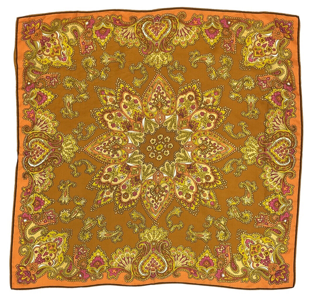 VINTAGE 60s 70s GOLD ORANGE PAISLEY FLORAL MANDALA LARGE SILK SCARF