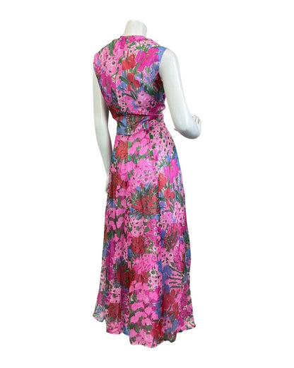 VINTAGE 70s PINK RED GREEN PSYCHEDELIC FLORAL SLEEVELESS SUMMER MAXI DRESS 12 14