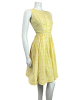 VINTAGE 50s 60s LEMON YELLOW WHITE GINGHAM CHECKED PLEATED SWING SUMMER DRESS 6