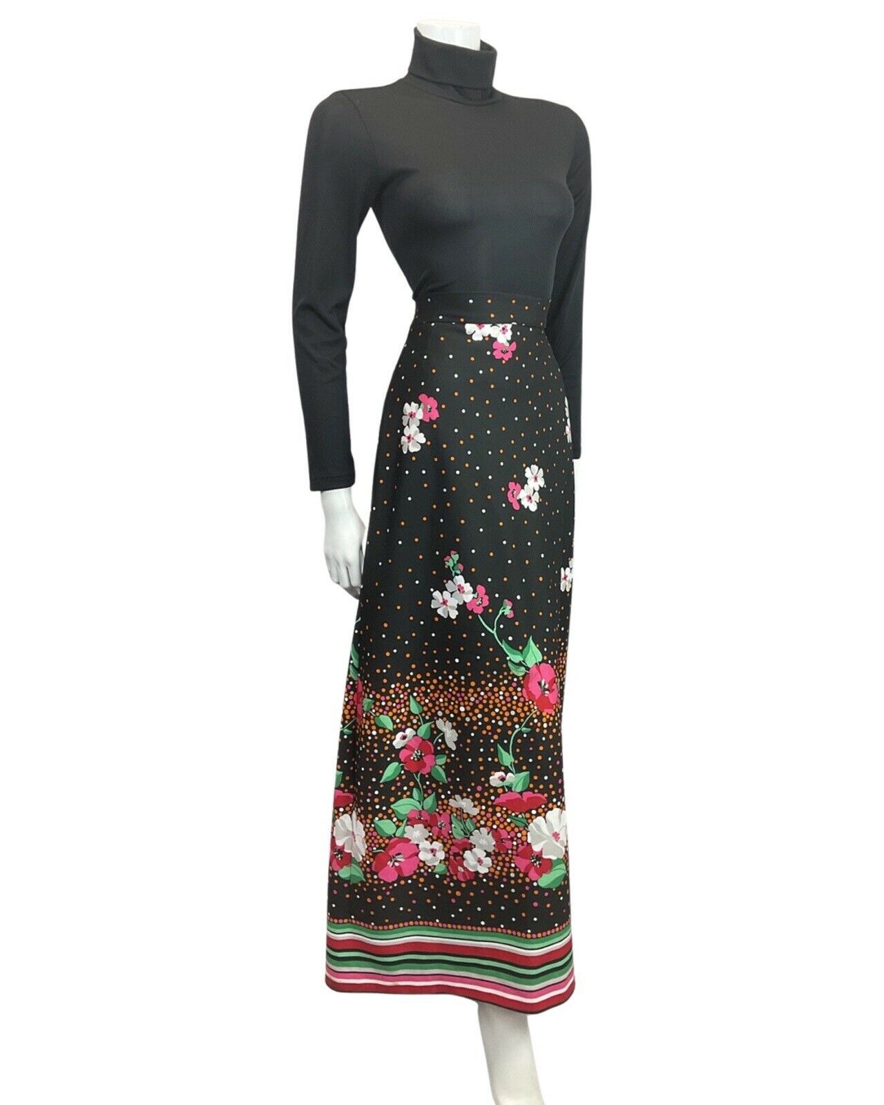 VINTAGE 60s 70s BLACK PINK ORANGE FLORAL DOTTY FOLK MOD MAXI SKIRT 8 10