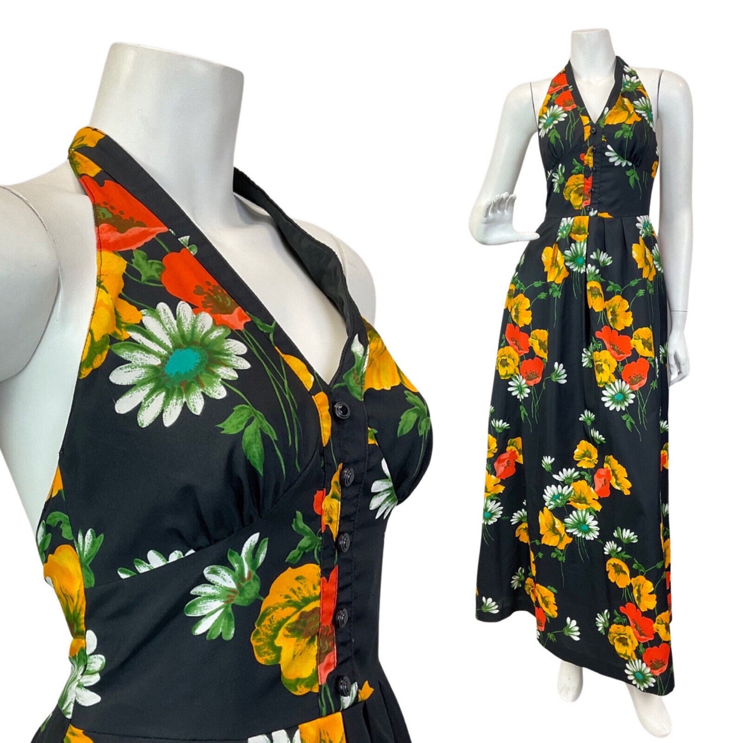 VINTAGE 60s 70s BLACK RED YELLOW POPPY DAISY FLOWER HALTER MAXI DRESS 4