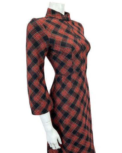 VINTAGE 60s 70s BLACK RED CHECKED TARTAN MOD PARTY MINI DRESS 8