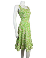 VINTAGE 60s 70s GREEN WHITE PINK DAISY FLOWER DITSY MOD STRAPPY SUN DRESS 6