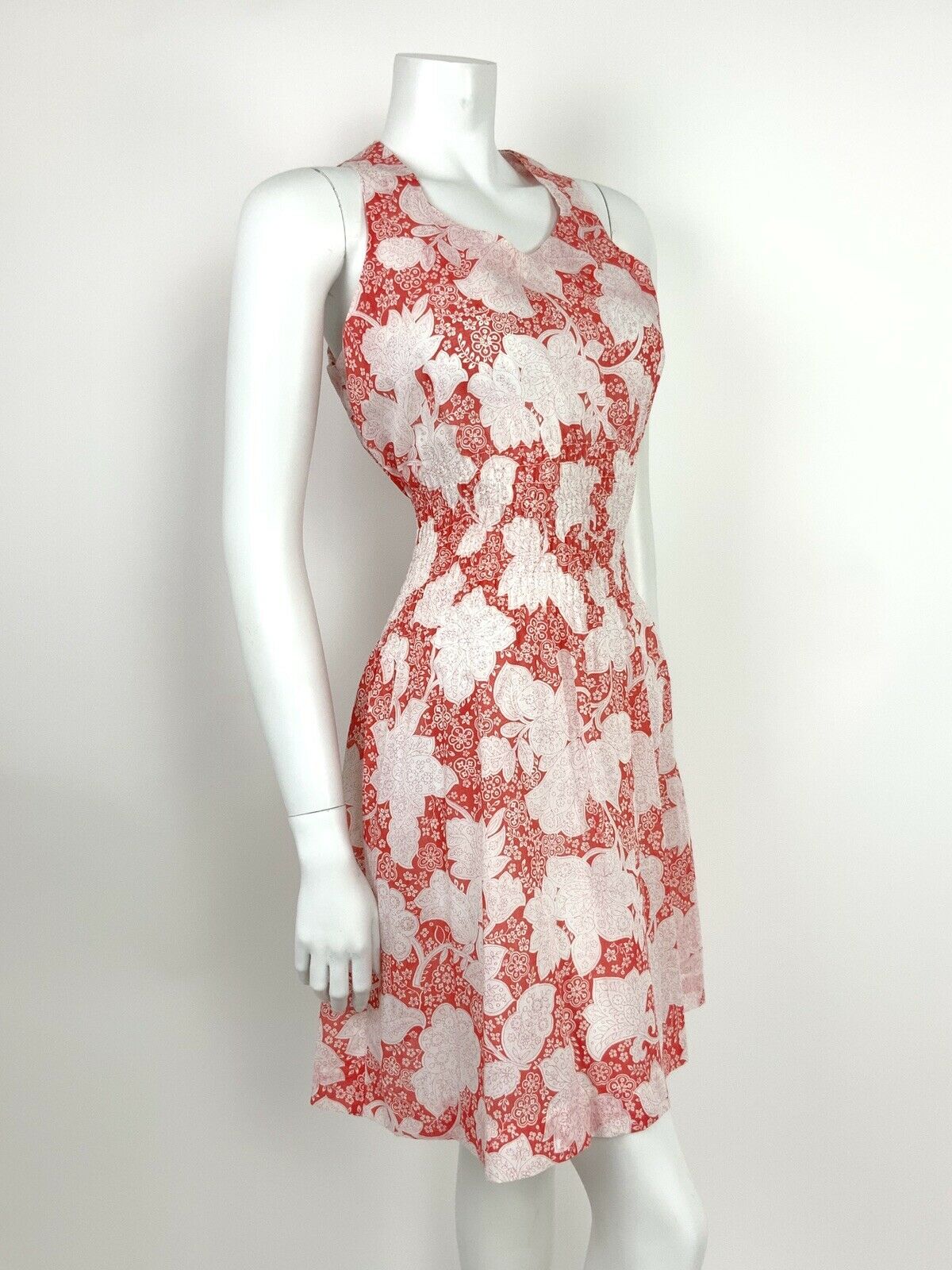 VINTAGE 60s 70s RED WHITE FLORAL DITSY PAISLEY RUCHED SUMMER DRESS 8 10