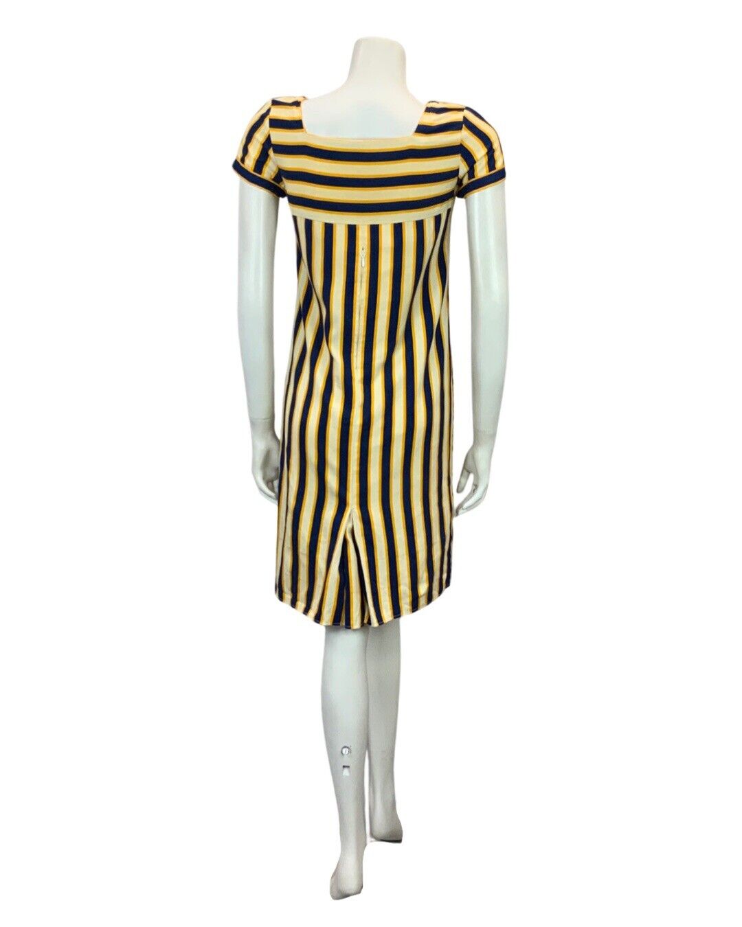 VINTAGE 60s 70s NAVY BLUE YELLOW CREAM STRIPED MINI DRESS 8