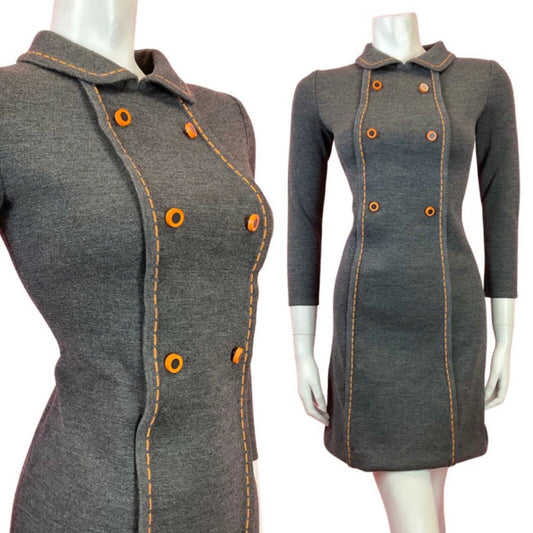 VINTAGE 60s 70s GREY ORANGE BLACK PETER PAN COLLAR MOD MINI SHIFT DRESS 4 6