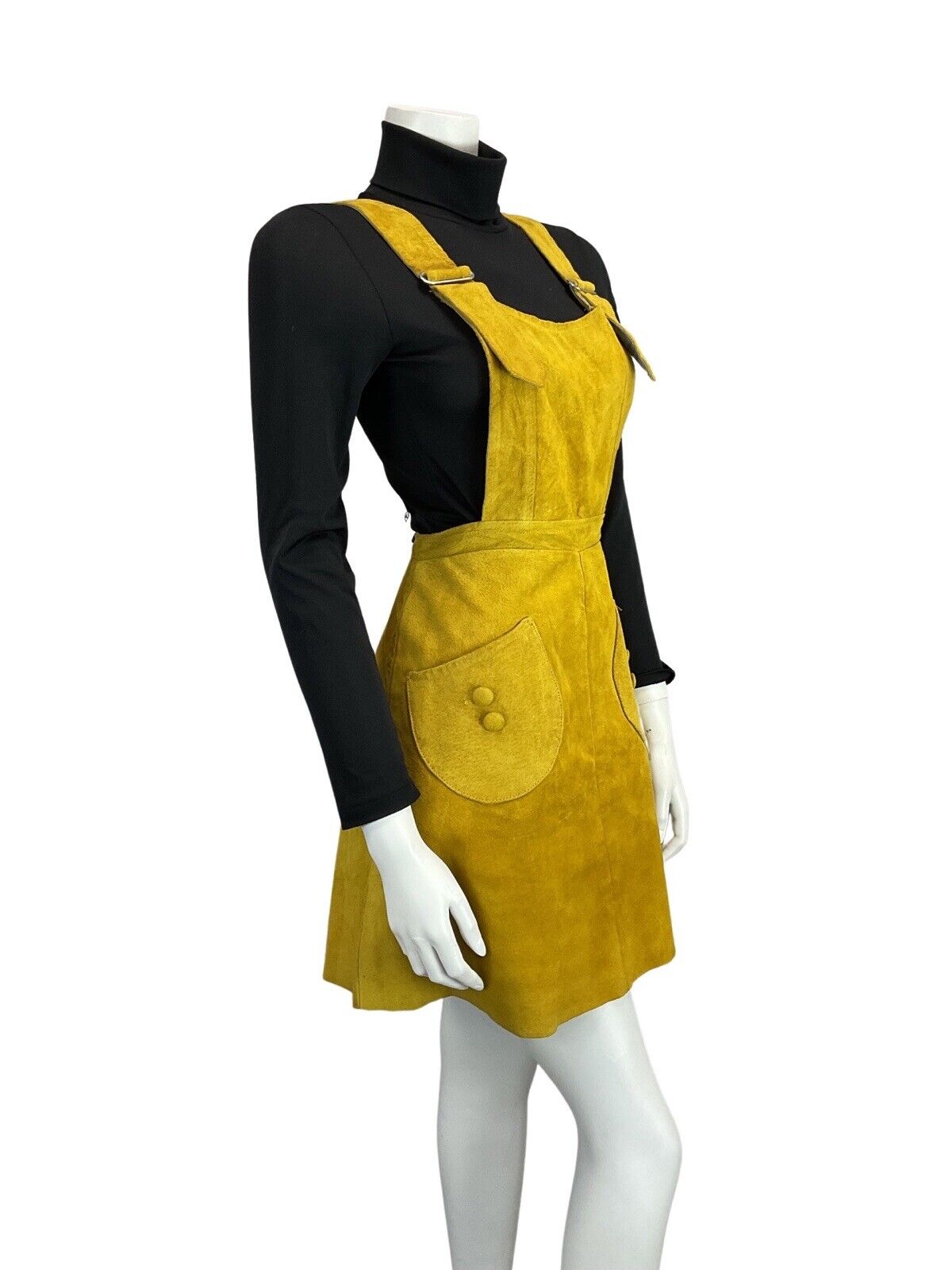 VINTAGE 60s 70s MUSTARD YELLOW SUEDE PINAFORE APRON BOHO MOD DRESS 6