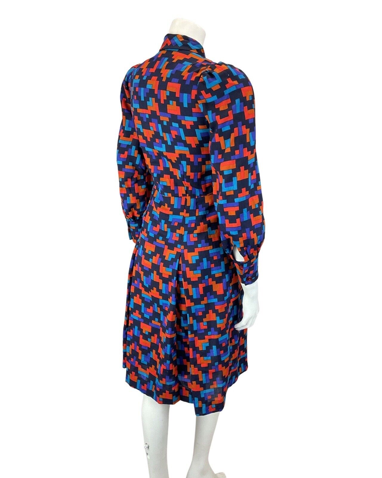 VINTAGE 60s 70s BLUE RED ORANGE GEOMETRIC PIXEL ZIG-ZAG PUSSYBOW MOD DRESS 8