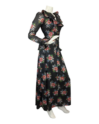 VINTAGE 60s 70s BLACK RED BLUE FLORAL BOUQUET RUFFLE BOHO MOD MAXI DRESS 10