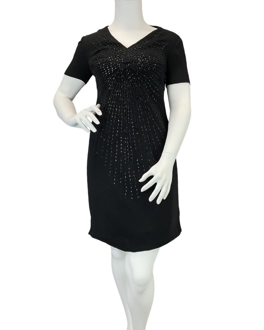 VINTAGE 60s 70s BLACK STARBURST BEADED SEQUINNED PARTY WOOL SHORT DRESS 14