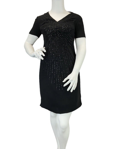 VINTAGE 60s 70s BLACK STARBURST BEADED SEQUINNED PARTY WOOL SHORT DRESS 14