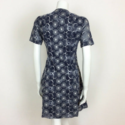 VINTAGE 1960S NAVY BLUE WHITE EMBROIDERED FLORAL SPIROGRAPH DRESS 10 12