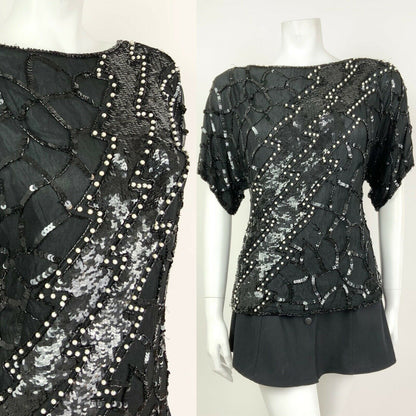 VINTAGE 70s 80s BLACK WHITE SEQUIN BEADED PEARL DISCO PARTY BLOUSE TOP 12 14 16