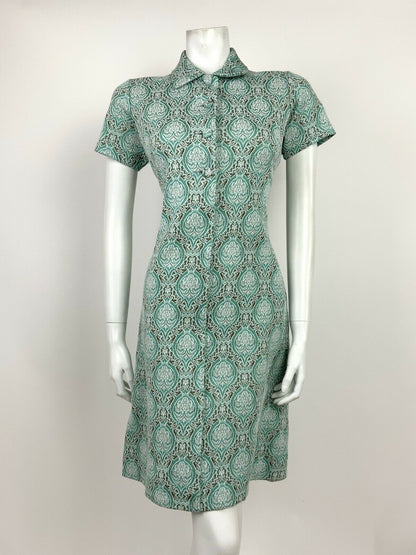 VTG 60s 70s MINT GREEN WHITE BROWN DAMASK ART NOUVEAU FLORAL COLLAR DRESS 12 14