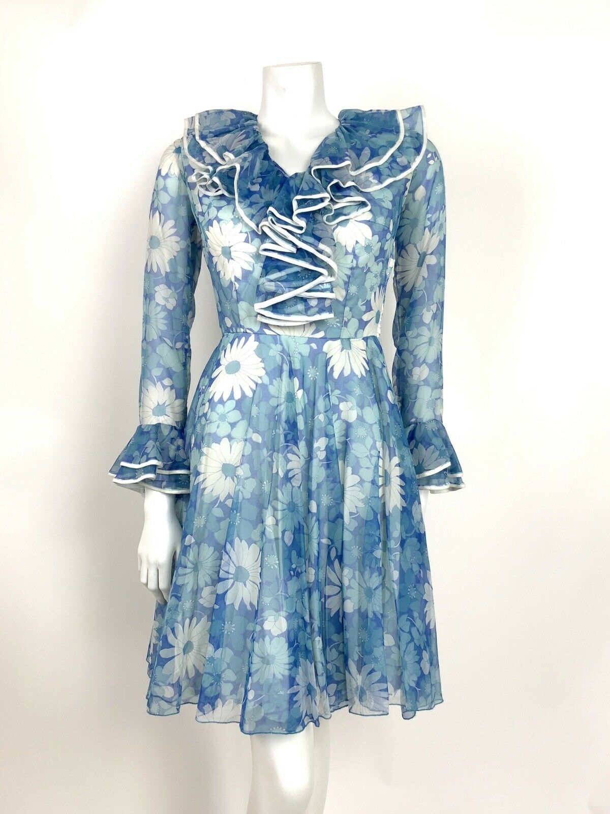 VTG 60s 70s FLORAL BLUE WHITE JABOT RUFFLE FLOUNCE SLEEVE SUMMER DRESS 8 10