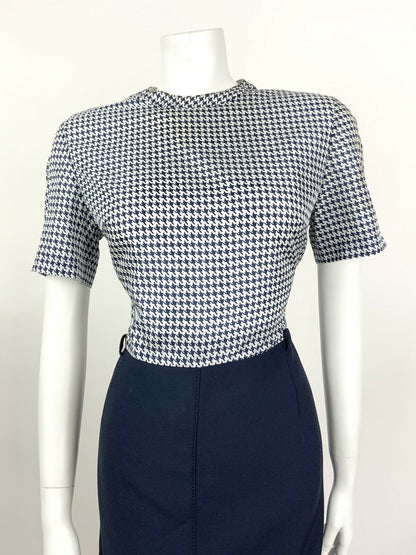 VINTAGE 60s 70s NAVY BLUE WHITE DOGTOOTH HOUNDSTOOTH MIDI DRESS 12 14