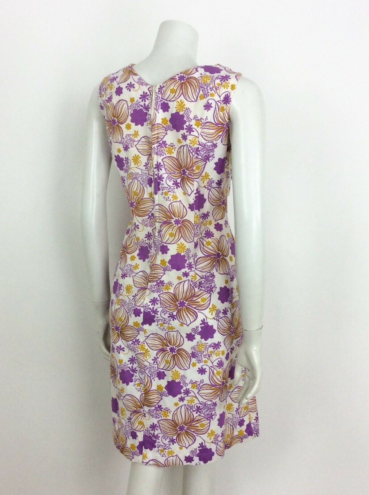 60S VINTAGE WHITE PURPLE TEXTURED PSYCHEDELIC FLORAL SLEEVELESS DRESS 16 18