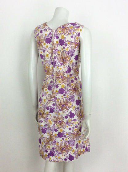 60S VINTAGE WHITE PURPLE TEXTURED PSYCHEDELIC FLORAL SLEEVELESS DRESS 16 18