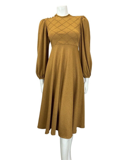 VTG 60s 70s OCHRE TAN BROWN DIAMOND BOHO MOD LONG SLEEVE SWING DRESS 8