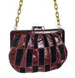 VINTAGE 60s 70s BLACK BURGUNDY SNAKESKIN SUEDE PVC CHAIN MOD CLASP SHOULDER BAG