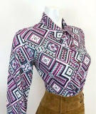 VINTAGE 60s 70s PURPLE WHITE GREEN BLACK GEOMETRIC AZTEC MOD DAGGER SHIRT 14 16