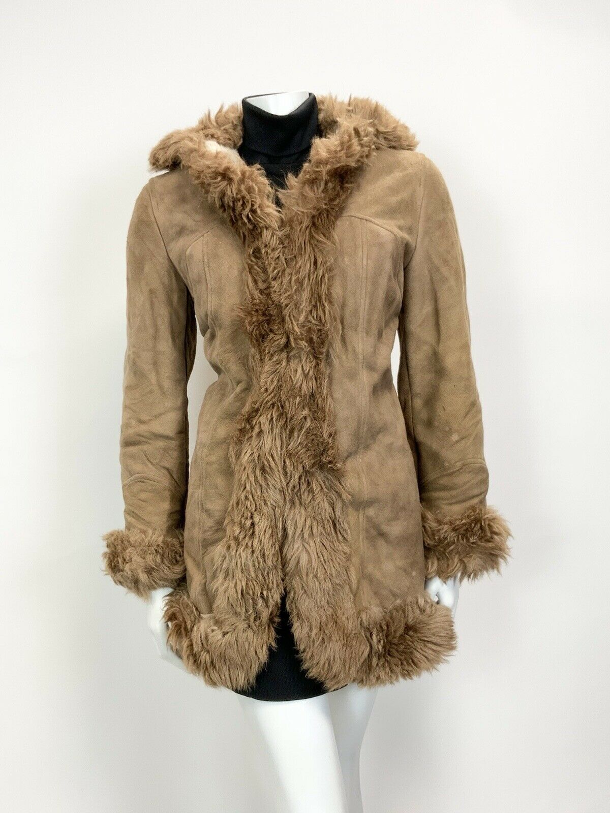 VINTAGE 60s 70s CAMEL BROWN SUEDE LEATHER SHEARLING FUR BOHO SHORT COAT 12 14