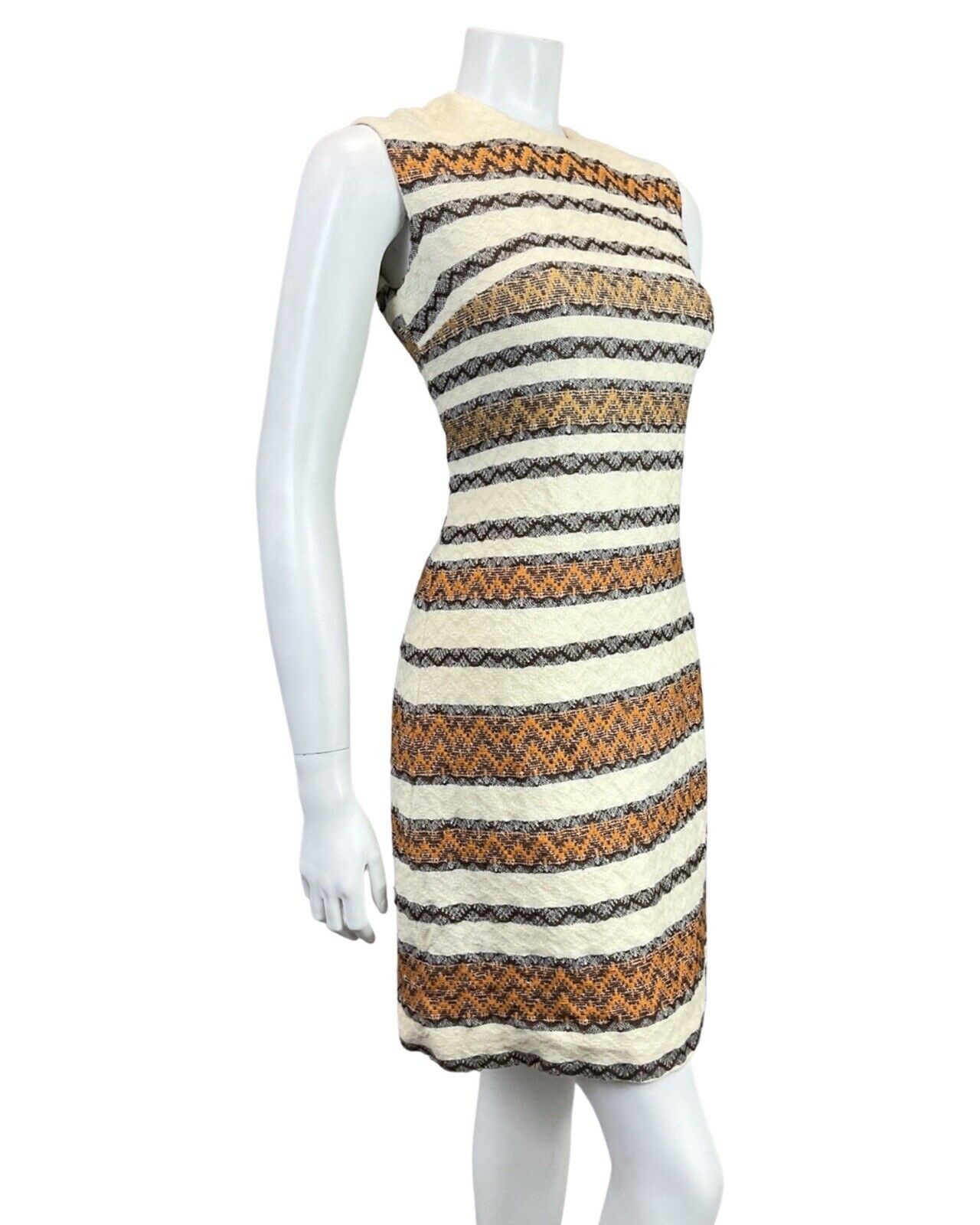 VTG 60s 70s CREAM BROWN ORANGE STRIPED KNITTED WOOL MOD MINI SHIFT DRESS 8 10